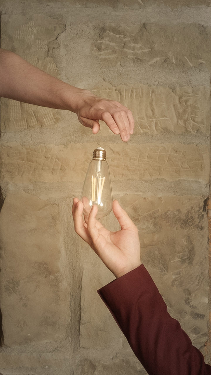 2 hands handing off a light bulb